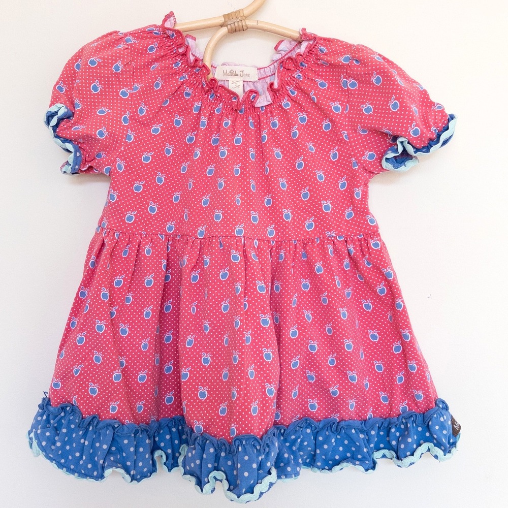 Matilda Jane Tunic Top Pink Blue Apple Polka Dot Ruffle Short Sleeve Kids Size 2
